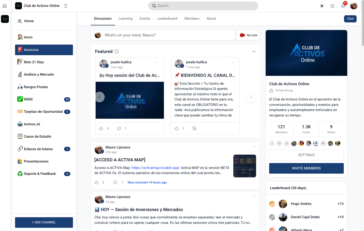 Canales de la comunidad del Club de Activos Online